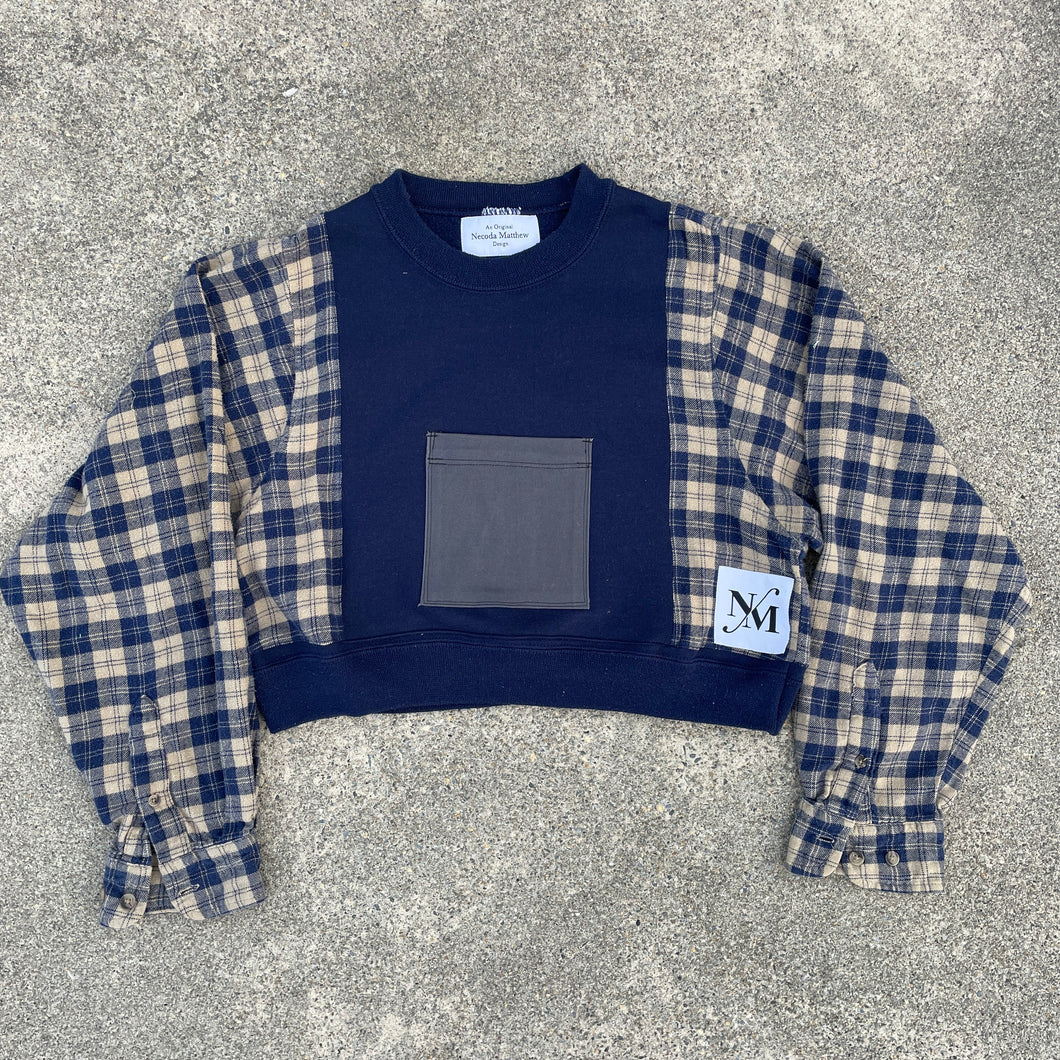 Navy Nonsense Cropped Flannel Sweatshirt Hybrid