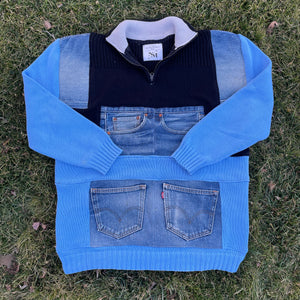 Two-Tone Knit and Denim Utility Sweater