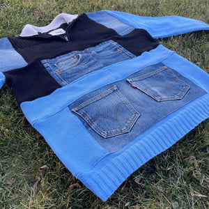 Two-Tone Knit and Denim Utility Sweater